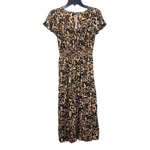 Sienna Sky Tan Black Animal Print Wrap Dress Midi Length V Neck Side Button Tie - Picture 2 of 16